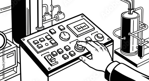 An expert hand meticulously operates a sophisticated control panel, managing intricate industrial processes and advanced machinery with precision and technical skill.