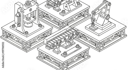 Industrial robotic arms on platforms technical illustration