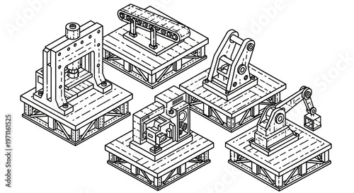 Industrial robotic arm machines illustration set for manufacturing and production
