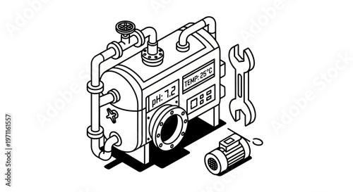 Industrial machine illustration with pipes, valves, gauge, and tools