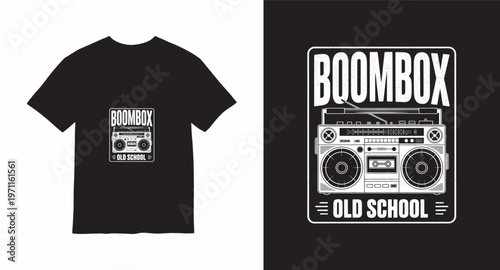 Boombox old school graphic with vintage portable radio cassette player and bold typography