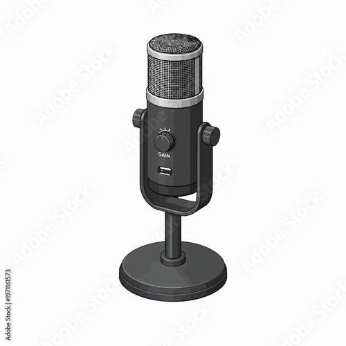 Contemporary USB condenser microphone on a stand, designed for clear podcasting, professional voice recording, streaming, and broadcasting sessions