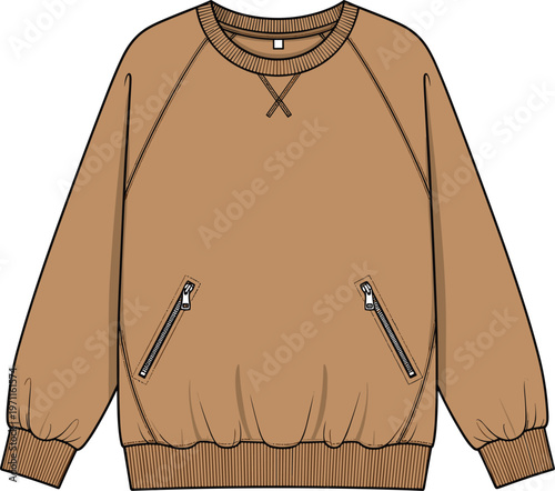 Minimalist brown crewneck sweatshirt illustration with zipper pockets ribbed cuffs modern casual apparel vector design isolated on neutral background clean