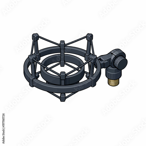 Professional audio recording microphone shock mount illustration for studio setup, isolating vibrations and ensuring clear sound capture