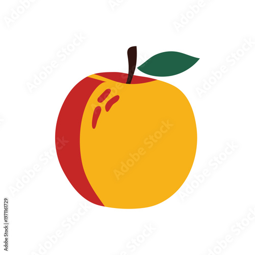 Flat vector illustration of a fresh peach or nectarine with a green leaf, simple fruit icon for healthy food design