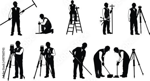 Surveying professionals silhouettes set with equipment, engineers measuring land, construction workers using tripod, level, ladder, and tools vector illustration