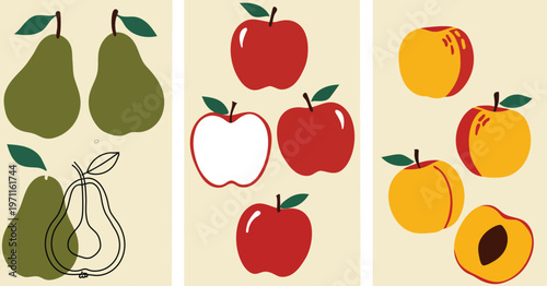 Collection of fruit illustrations featuring green pears, red apples, and orange peaches
