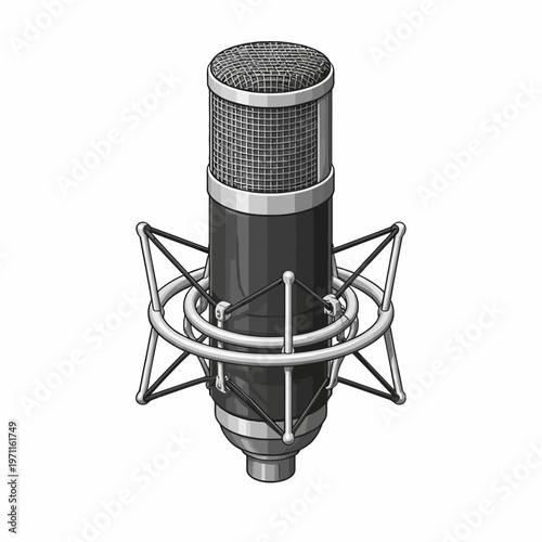 Isometric vector illustration of a professional studio condenser microphone with shock mount, ideal for high-quality audio recording, podcasting, and broadcasting projects