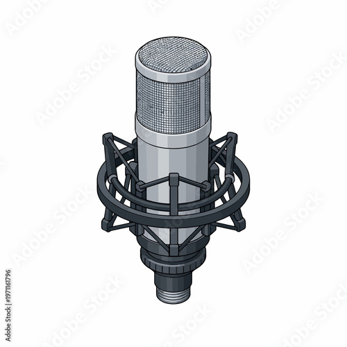 Isometric vector illustration showcasing a professional studio condenser microphone with a shock mount, ideal for capturing high-quality audio and broadcasting content