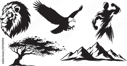 Abstract Black Silhouette of an Acacia Tree Against White Background