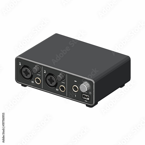 Compact professional audio interface for sound recording and music production, featuring essential inputs, outputs, and headphone connectivity, depicted in an isometric vector illustration