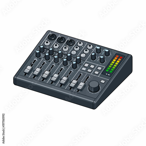Professional audio mixing console illustration, essential studio equipment for sound engineering, music production, broadcast recording, and podcast creation