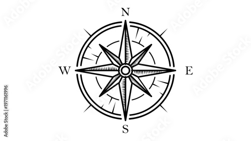 Vintage compass rose vector icon illustration featuring hand-drawn black line art on a white background. Nautical navigation symbol with cardinal directions North, East, South, West and fleur-de-lis.