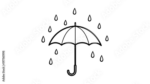 Minimalist black line vector icon of an open umbrella with raindrops falling, hand-drawn outline illustration on white background, scalable graphic for weather apps, web design, and creative art.