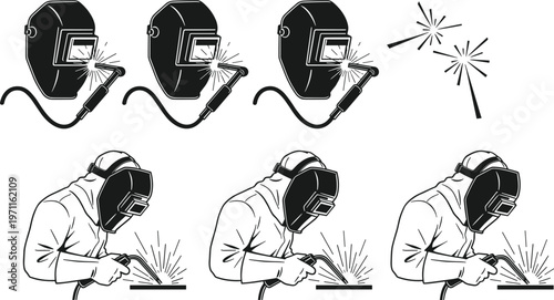 Welding process silhouettes set with welder helmets sparks torch industrial metalwork fabrication equipment vector illustration isolated design collection