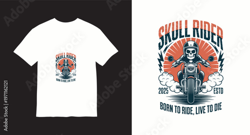 Skull rider born to ride live to die motorcycle illustration with retro sunburst background