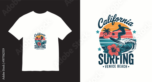California surfing venice beach t-shirt design summer surfing man ocean wave hibiscus flower