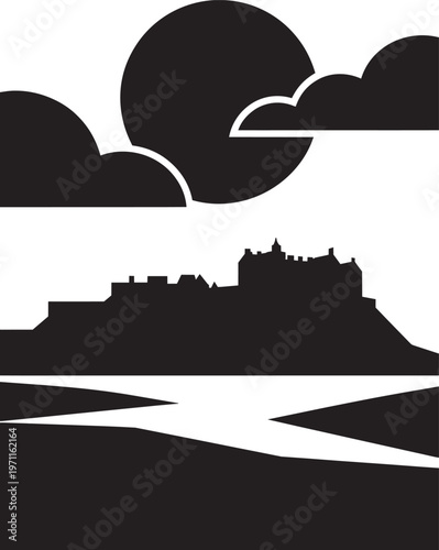 Castle Silhouette Under Moon And Clouds With Water Reflection Vector In Outline Style