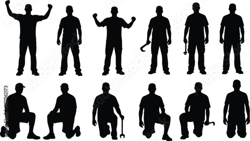 Worker silhouettes set with different poses holding tools kneeling standing celebrating industrial labor vector illustration isolated design collection