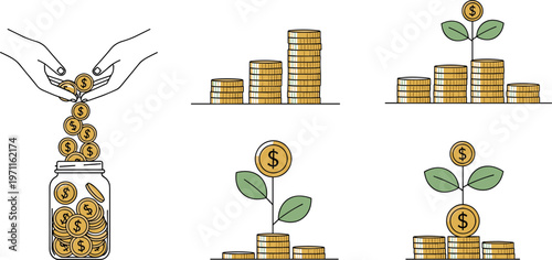 Money growth and savings concept set with coins jar investment increase and financial success vector illustration