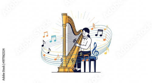 Woman playing classical golden harp with flowing musical notes and rhythmic sound waves in artistic vector illustration style