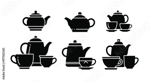 Set of 6 Black Teapot and Teacup Vector Icons
