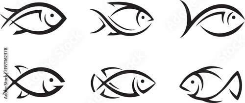 Stylized black fish silhouettes swimming on white background