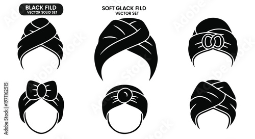 Set of 6 Black Turban Headwrap Vector Icons