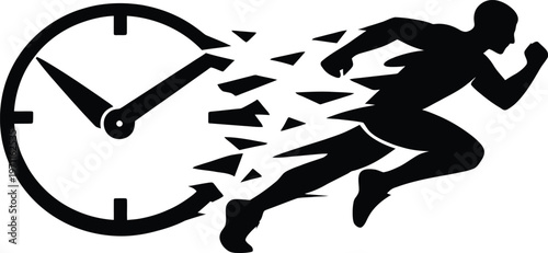 Silhouette of Man Running Against Time Clock Concept