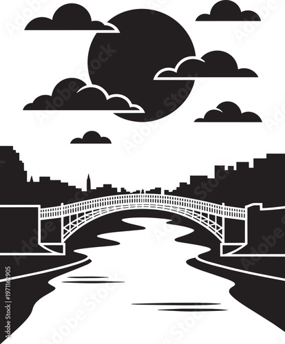 Nighttime Cityscape With Arched Bridge Over River Under Full Moon And Clouds In Outline Style