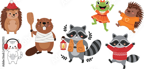 Cute Woodland Animals Cartoon Set with Raccoon, Beaver, Hedgehog, Frog and Cat in Cozy Winter Clothes for Kids Illustration Collection