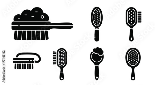 Set of 7 Black Grooming and Cleaning Brushes Vector Icons