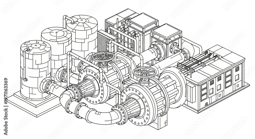 Fototapeta premium Industrial isometric machinery blueprint with pipes and equipment
