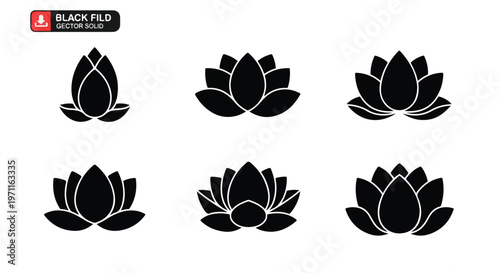 Set of 6 Black Lotus Flower Icons Vector