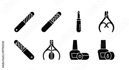 Set of 8 Black Manicure Pedicure Tools Vector Icons