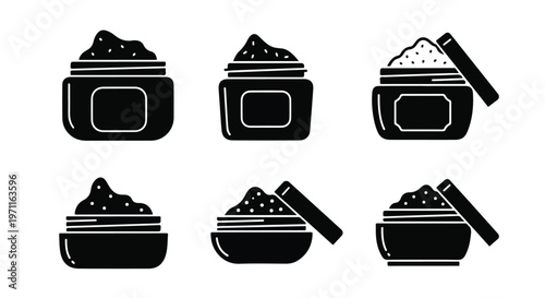 Set of 6 Black and White Cosmetic Cream Jar Vector Icons