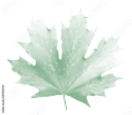 A green maple leaf with reflection creates a nature-themed winter decoration pattern, blending an autumn symbol with an artistic Christmas tree illustration in a vector silhouette design