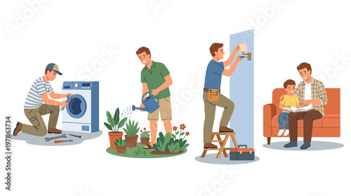 father repairing machine home maintenance vector illustration