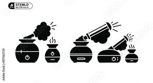 Set of 5 black vector icons of diffusers and humidifiers with steam