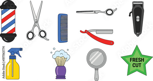 Barber and Grooming Tools Icons Set with Scissors, Comb, Razor, Clipper, and Fresh Cut Symbols