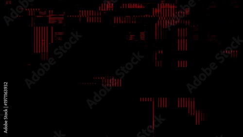 Abstract dark digital glitch overlay texture with red pixelated vertical bands on a black background.