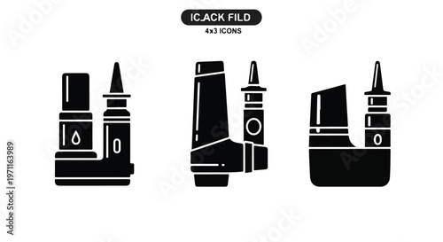 Set of 3 Black Asthma Inhaler and Nasal Spray Icons Vector