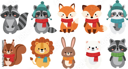 Cute Woodland Animals Cartoon Set with Raccoon, Fox, Lion, Rabbit, Bear and Squirrel in Winter Scarves and Hats for Kids Illustration