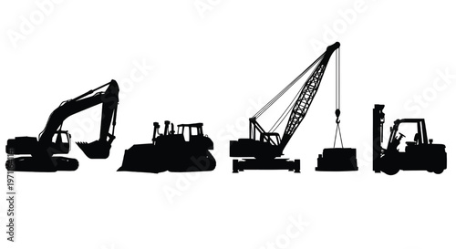 Silhouettes of heavy construction equipment on a white background