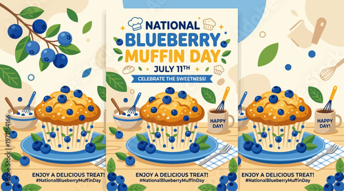 graphic of national blueberry muffin day good for national blueberry muffin day celebration flat design flyer design flat illustration