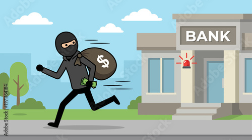 masked thief escaping bank robbery cartoon vector illustration