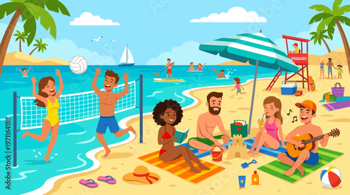 people enjoying beach summer vacation seaside vector illustration