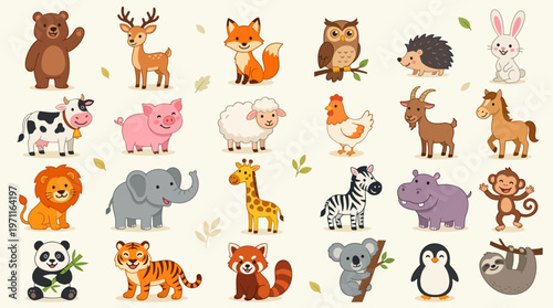 cute smiling animals cartoon collection vector illustration