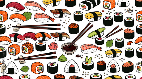 asian sushi set rice fish japanese cuisine vector illustration