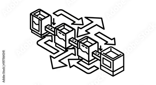 black and white line drawing of interconnected computer servers with arrows